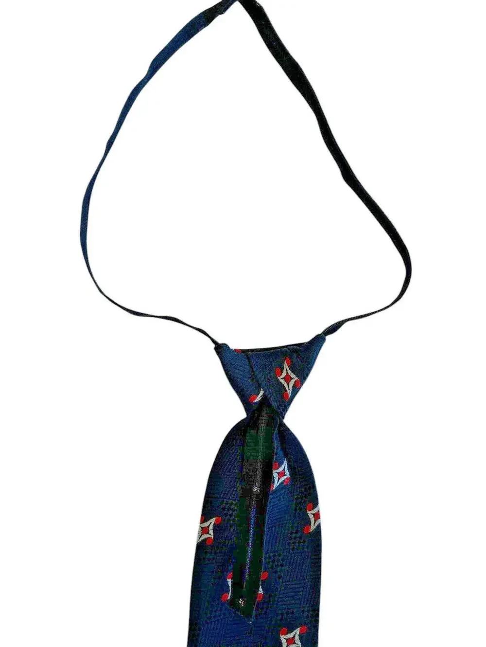 Necktie Navy Blue Zipper Tie Pre Tied Woven with white and red Pattern 1986.1